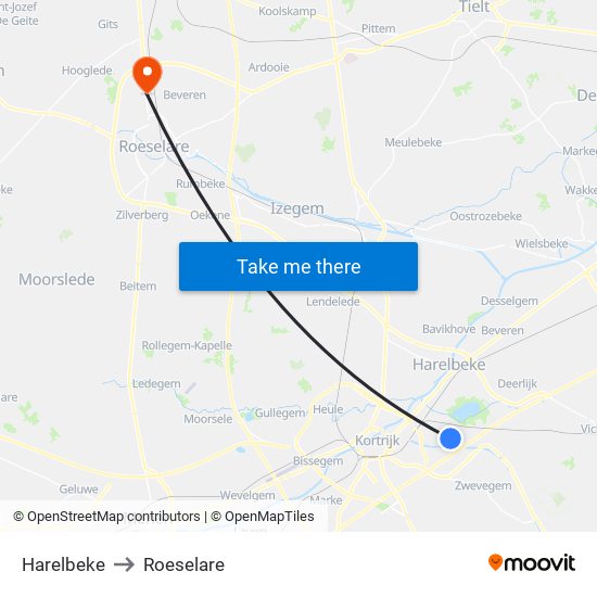Harelbeke to Roeselare map