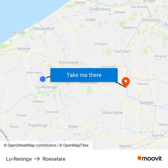 Lo-Reninge to Roeselare map