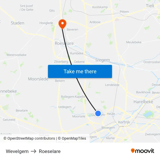 Wevelgem to Roeselare map