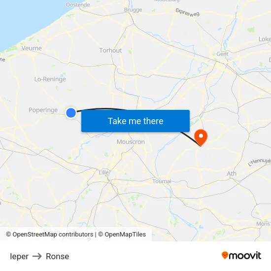 Ieper to Ronse map