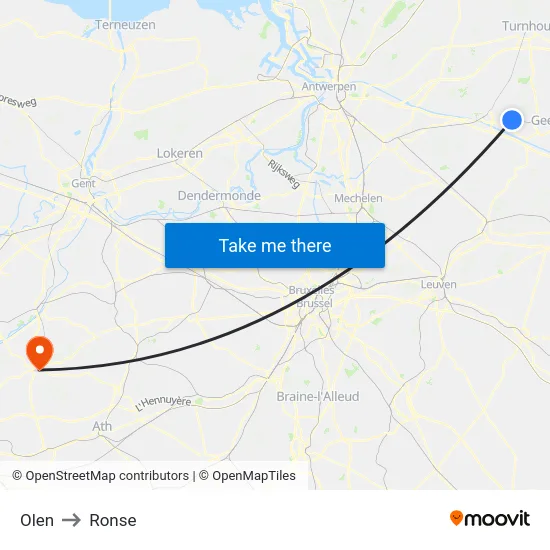 Olen to Ronse map