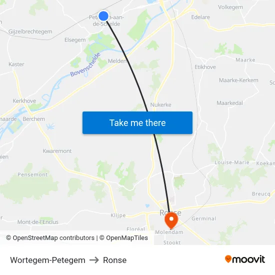 Wortegem-Petegem to Ronse map