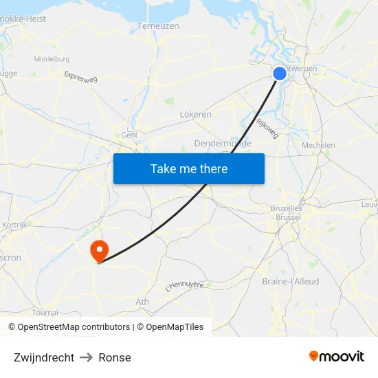 Zwijndrecht to Ronse map