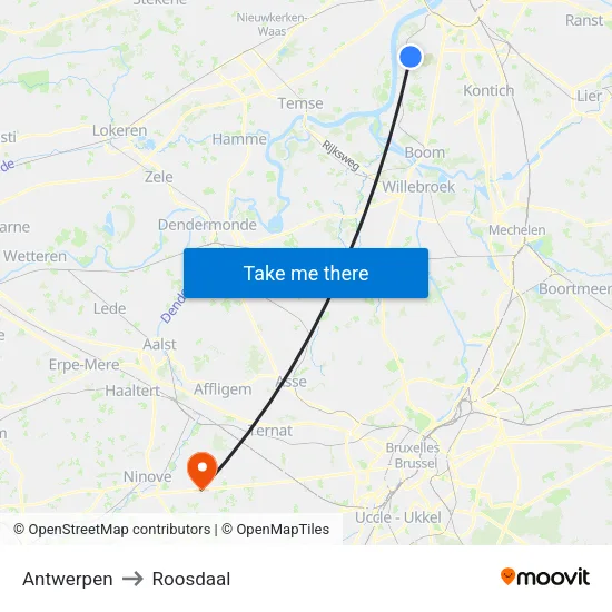 Antwerpen to Roosdaal map