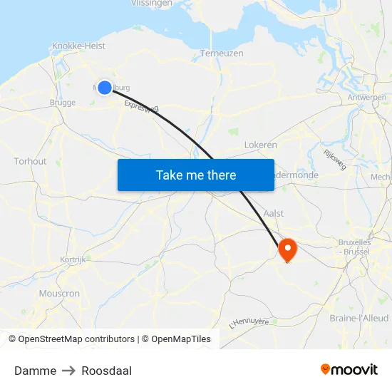 Damme to Roosdaal map
