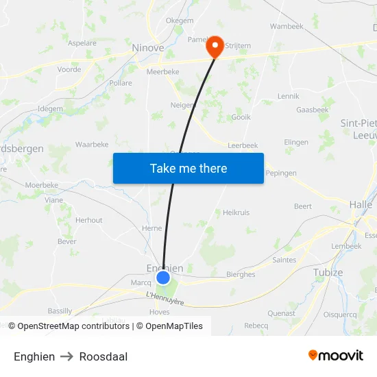 Enghien to Roosdaal map