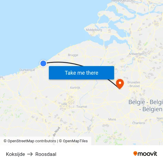 Koksijde to Roosdaal map