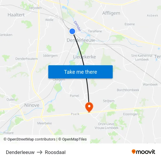 Denderleeuw to Roosdaal map