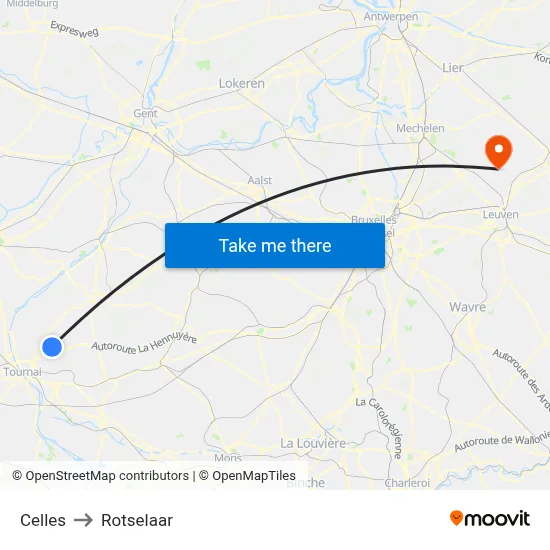 Celles to Rotselaar map