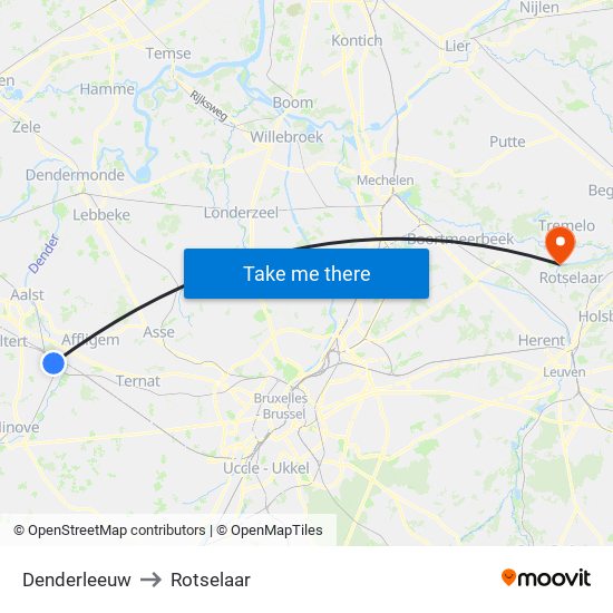 Denderleeuw to Rotselaar map