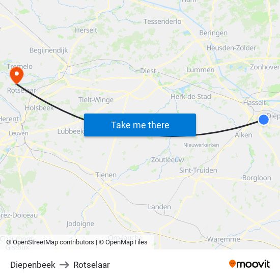 Diepenbeek to Rotselaar map
