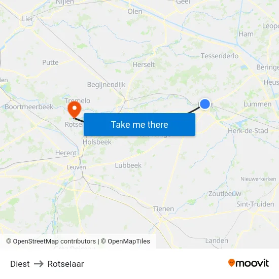 Diest to Rotselaar map