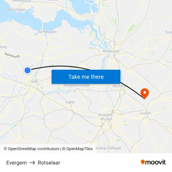 Evergem to Rotselaar map