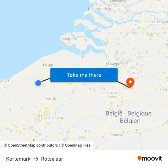 Kortemark to Rotselaar map