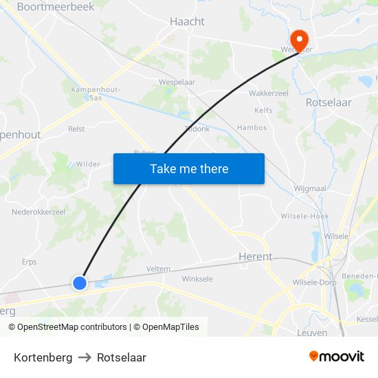 Kortenberg to Rotselaar map