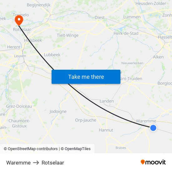 Waremme to Rotselaar map