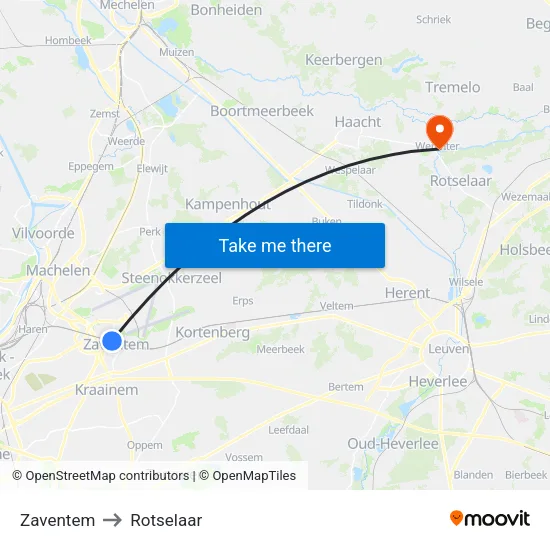 Zaventem to Rotselaar map