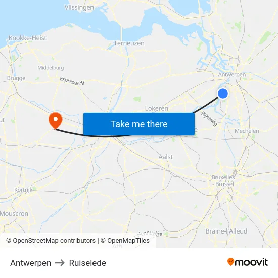 Antwerpen to Ruiselede map