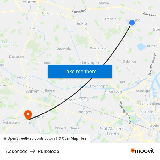 Assenede to Ruiselede map