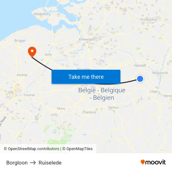 Borgloon to Ruiselede map