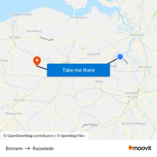 Bornem to Ruiselede map