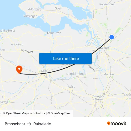 Brasschaat to Ruiselede map