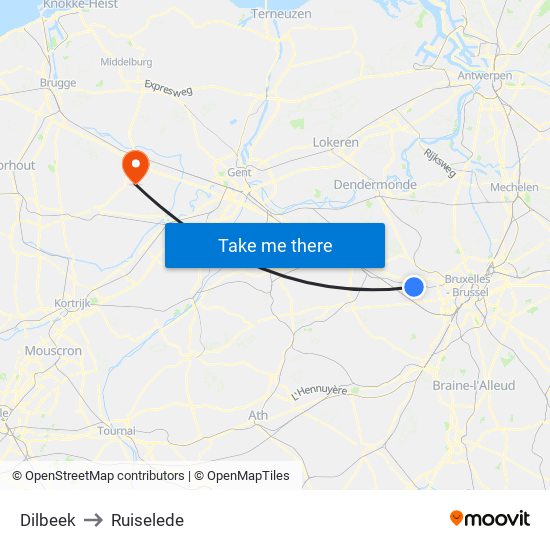 Dilbeek to Ruiselede map