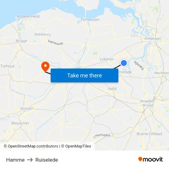 Hamme to Ruiselede map