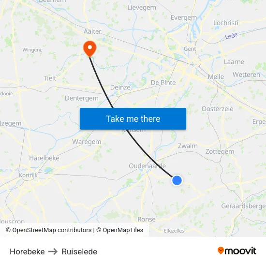 Horebeke to Ruiselede map
