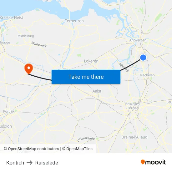 Kontich to Ruiselede map