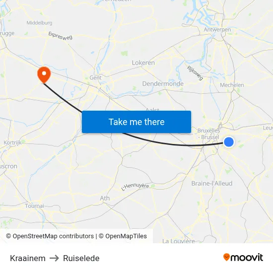 Kraainem to Ruiselede map