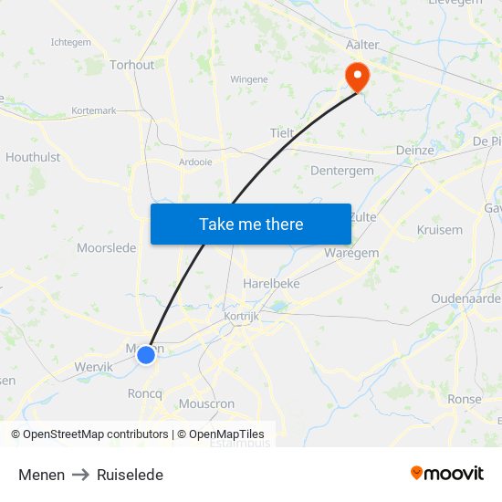 Menen to Ruiselede map