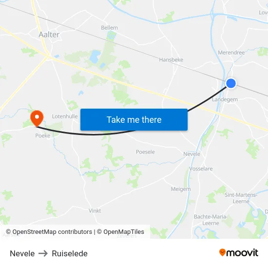 Nevele to Ruiselede map