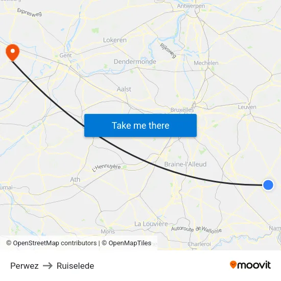 Perwez to Ruiselede map