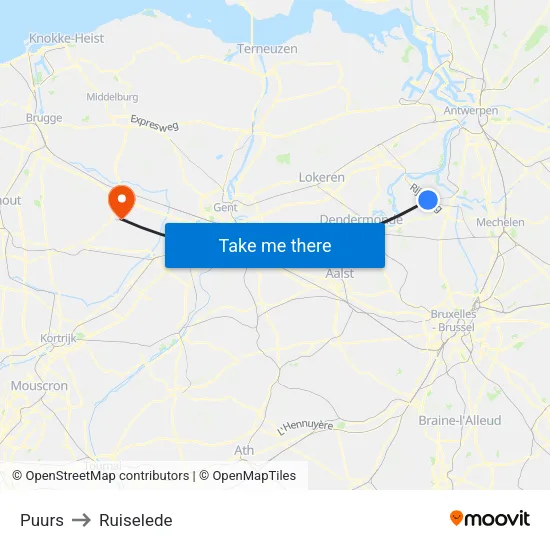 Puurs to Ruiselede map