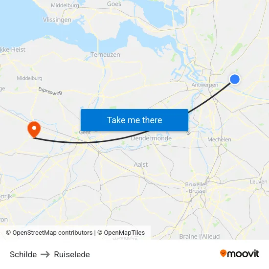 Schilde to Ruiselede map