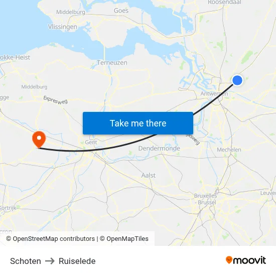 Schoten to Ruiselede map