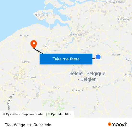 Tielt-Winge to Ruiselede map