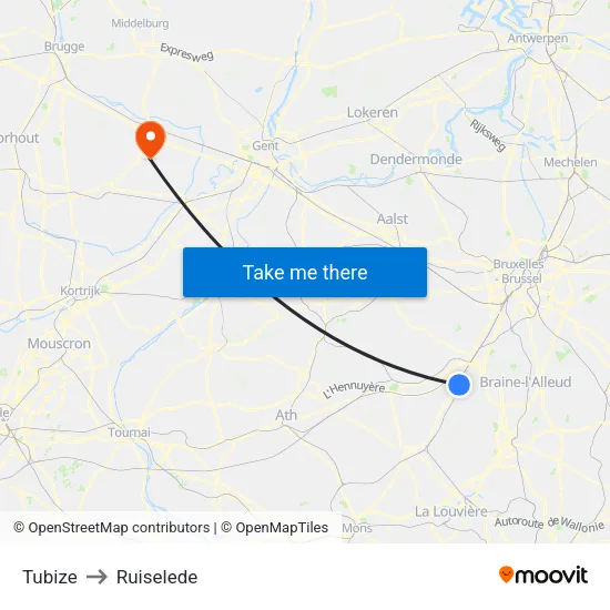 Tubize to Ruiselede map