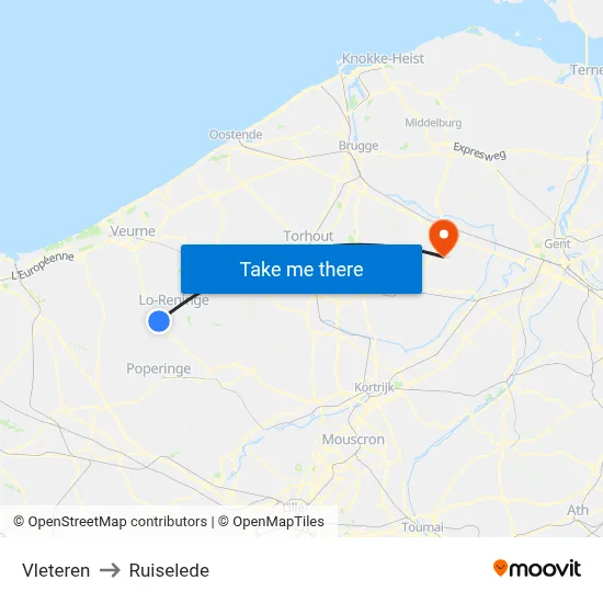 Vleteren to Ruiselede map