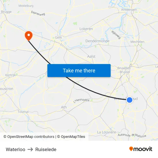 Waterloo to Ruiselede map