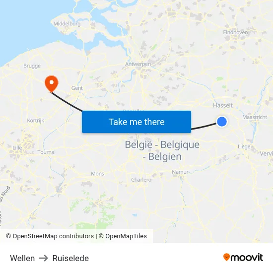 Wellen to Ruiselede map