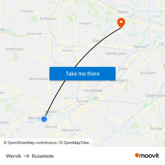 Wervik to Ruiselede map