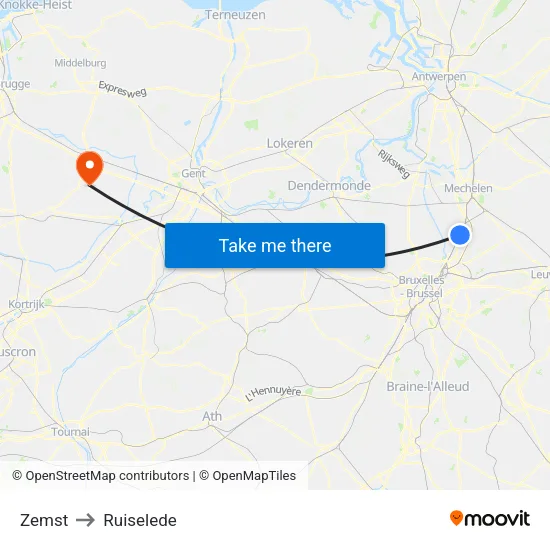 Zemst to Ruiselede map