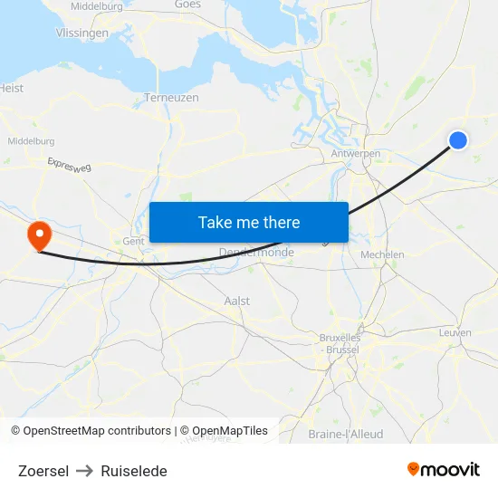 Zoersel to Ruiselede map