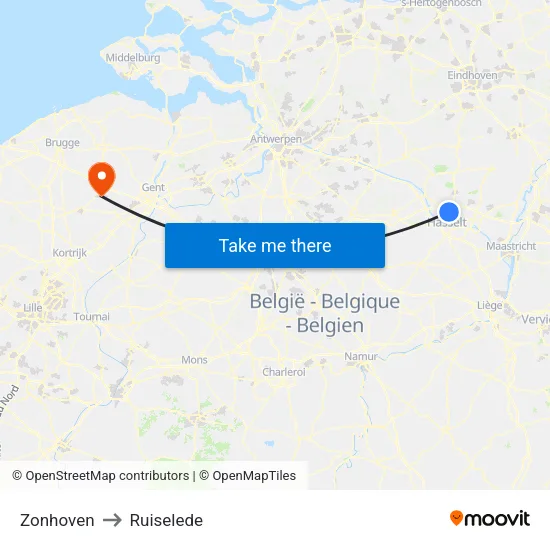 Zonhoven to Ruiselede map