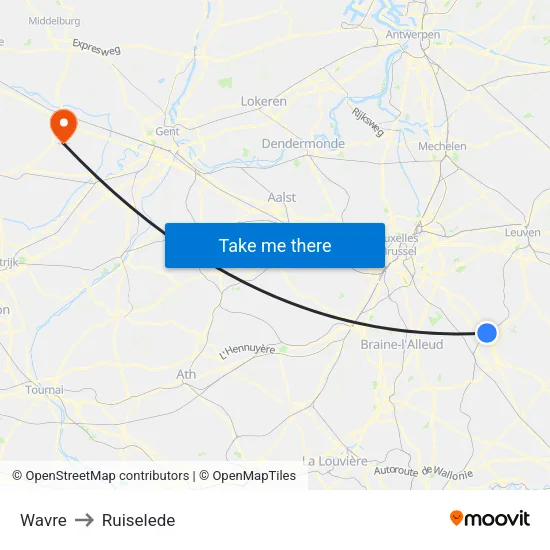 Wavre to Ruiselede map