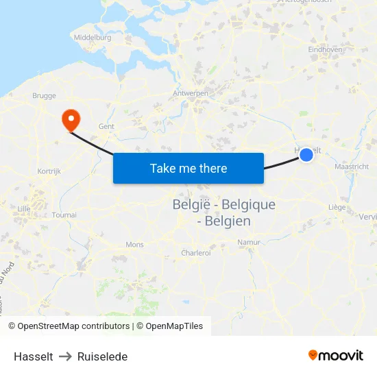 Hasselt to Ruiselede map