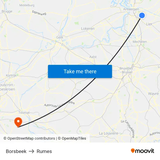 Borsbeek to Rumes map