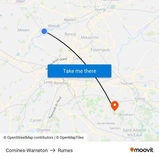 Comines-Warneton to Rumes map